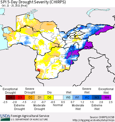 Central Asia SPI 5-Day Drought Severity (CHIRPS) Thematic Map For 10/21/2021 - 10/25/2021