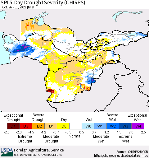 Central Asia SPI 5-Day Drought Severity (CHIRPS) Thematic Map For 10/26/2021 - 10/31/2021