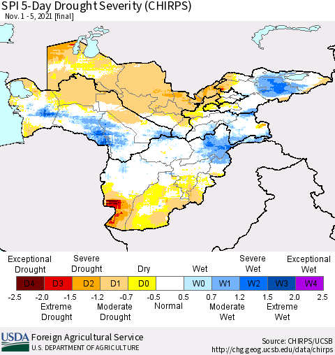 Central Asia SPI 5-Day Drought Severity (CHIRPS) Thematic Map For 11/1/2021 - 11/5/2021