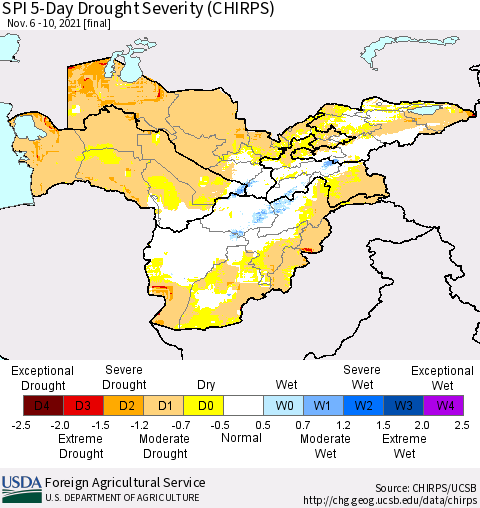 Central Asia SPI 5-Day Drought Severity (CHIRPS) Thematic Map For 11/6/2021 - 11/10/2021
