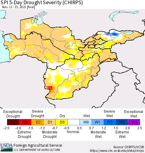 Central Asia SPI 5-Day Drought Severity (CHIRPS) Thematic Map For 11/11/2021 - 11/15/2021