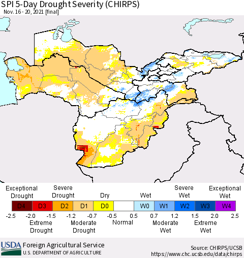 Central Asia SPI 5-Day Drought Severity (CHIRPS) Thematic Map For 11/16/2021 - 11/20/2021