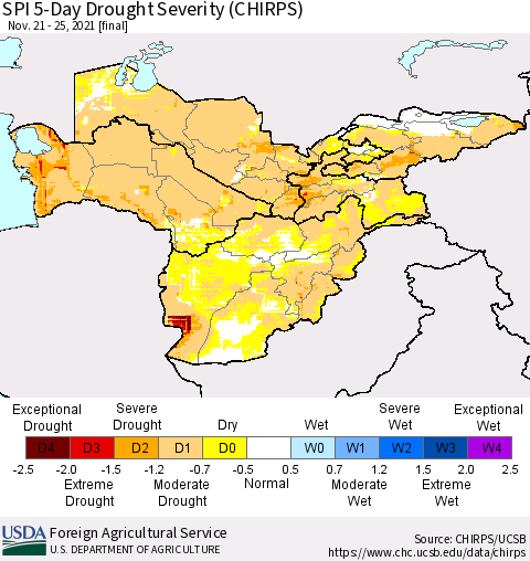 Central Asia SPI 5-Day Drought Severity (CHIRPS) Thematic Map For 11/21/2021 - 11/25/2021