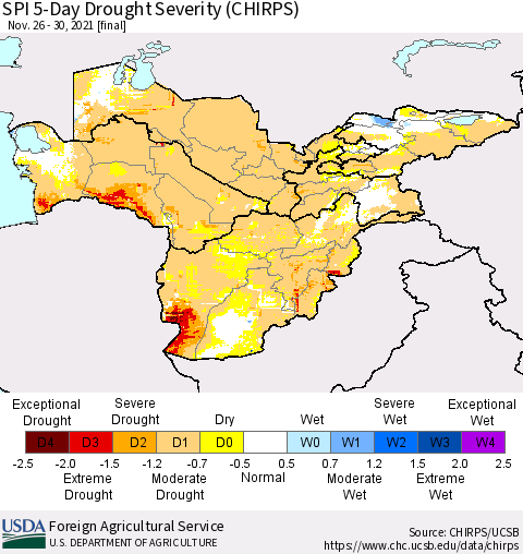 Central Asia SPI 5-Day Drought Severity (CHIRPS) Thematic Map For 11/26/2021 - 11/30/2021