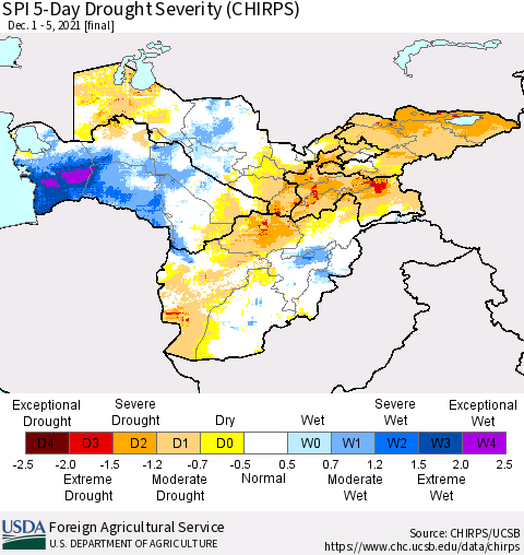 Central Asia SPI 5-Day Drought Severity (CHIRPS) Thematic Map For 12/1/2021 - 12/5/2021