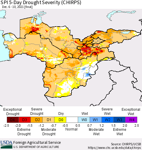 Central Asia SPI 5-Day Drought Severity (CHIRPS) Thematic Map For 12/6/2021 - 12/10/2021