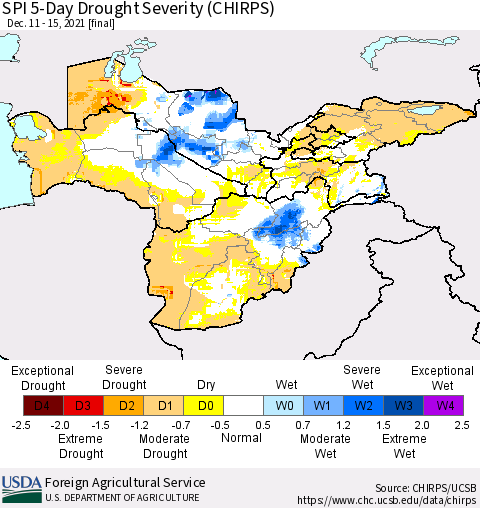 Central Asia SPI 5-Day Drought Severity (CHIRPS) Thematic Map For 12/11/2021 - 12/15/2021