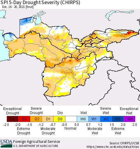 Central Asia SPI 5-Day Drought Severity (CHIRPS) Thematic Map For 12/16/2021 - 12/20/2021
