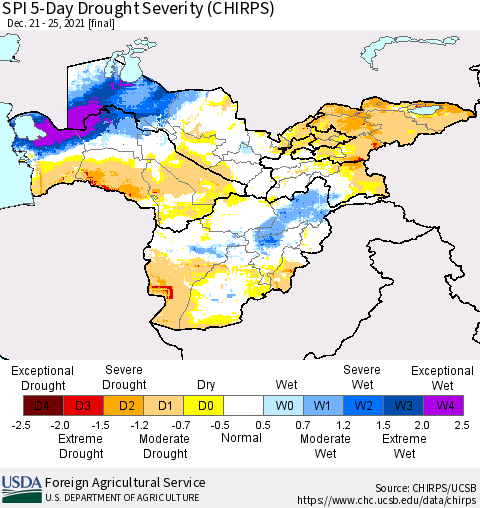 Central Asia SPI 5-Day Drought Severity (CHIRPS) Thematic Map For 12/21/2021 - 12/25/2021