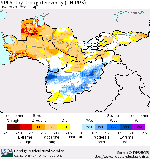 Central Asia SPI 5-Day Drought Severity (CHIRPS) Thematic Map For 12/26/2021 - 12/31/2021