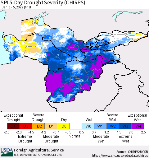 Central Asia SPI 5-Day Drought Severity (CHIRPS) Thematic Map For 1/1/2022 - 1/5/2022