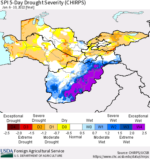 Central Asia SPI 5-Day Drought Severity (CHIRPS) Thematic Map For 1/6/2022 - 1/10/2022