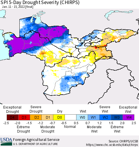 Central Asia SPI 5-Day Drought Severity (CHIRPS) Thematic Map For 1/11/2022 - 1/15/2022