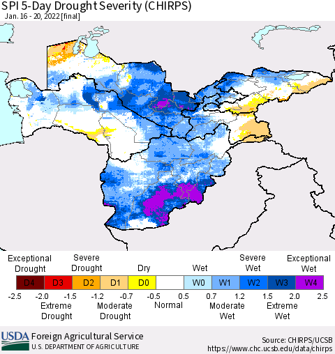 Central Asia SPI 5-Day Drought Severity (CHIRPS) Thematic Map For 1/16/2022 - 1/20/2022