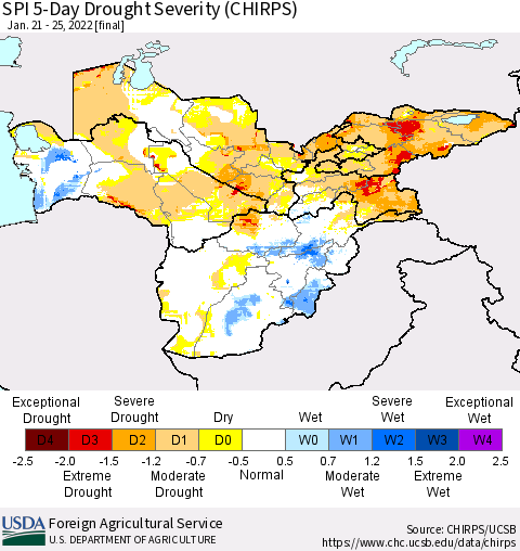 Central Asia SPI 5-Day Drought Severity (CHIRPS) Thematic Map For 1/21/2022 - 1/25/2022