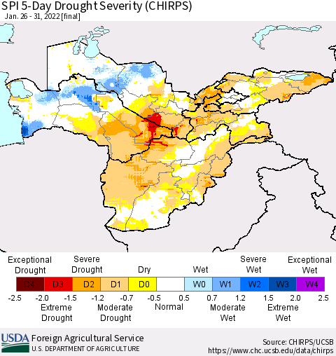 Central Asia SPI 5-Day Drought Severity (CHIRPS) Thematic Map For 1/26/2022 - 1/31/2022