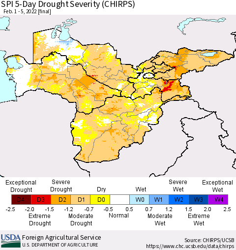 Central Asia SPI 5-Day Drought Severity (CHIRPS) Thematic Map For 2/1/2022 - 2/5/2022