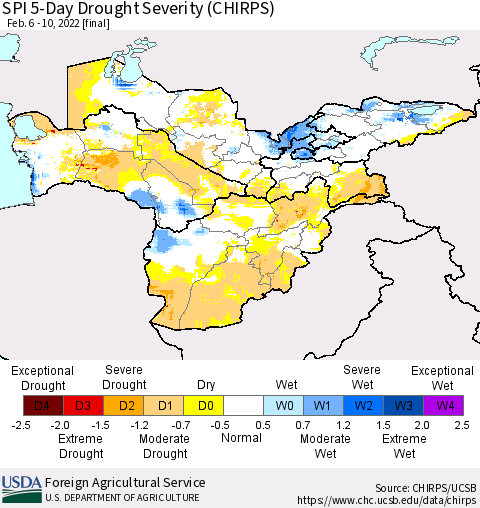 Central Asia SPI 5-Day Drought Severity (CHIRPS) Thematic Map For 2/6/2022 - 2/10/2022