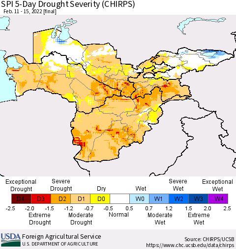 Central Asia SPI 5-Day Drought Severity (CHIRPS) Thematic Map For 2/11/2022 - 2/15/2022