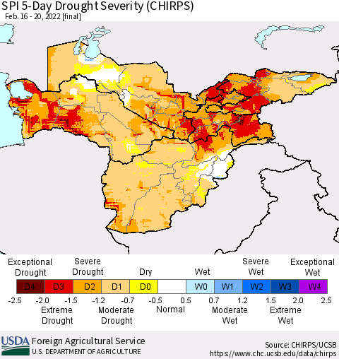 Central Asia SPI 5-Day Drought Severity (CHIRPS) Thematic Map For 2/16/2022 - 2/20/2022