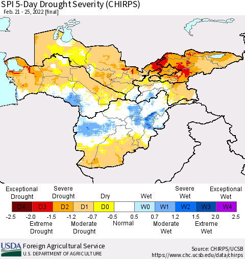 Central Asia SPI 5-Day Drought Severity (CHIRPS) Thematic Map For 2/21/2022 - 2/25/2022