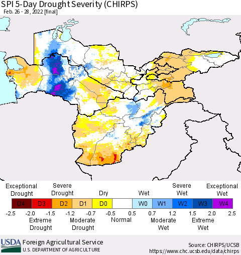 Central Asia SPI 5-Day Drought Severity (CHIRPS) Thematic Map For 2/26/2022 - 2/28/2022