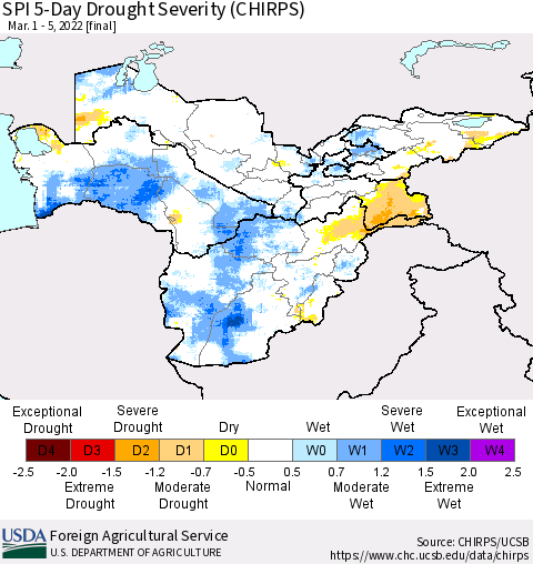 Central Asia SPI 5-Day Drought Severity (CHIRPS) Thematic Map For 3/1/2022 - 3/5/2022