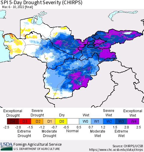 Central Asia SPI 5-Day Drought Severity (CHIRPS) Thematic Map For 3/6/2022 - 3/10/2022