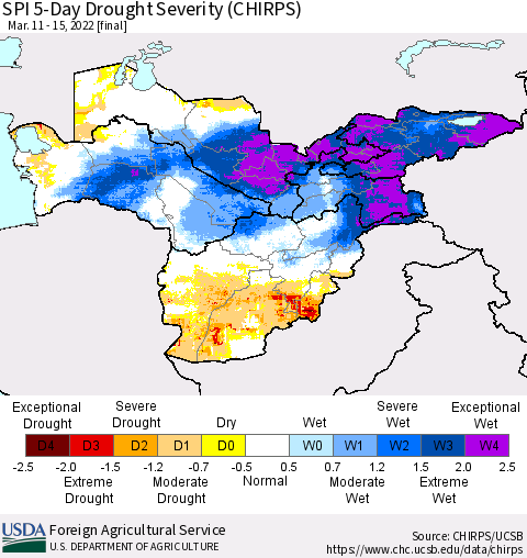 Central Asia SPI 5-Day Drought Severity (CHIRPS) Thematic Map For 3/11/2022 - 3/15/2022