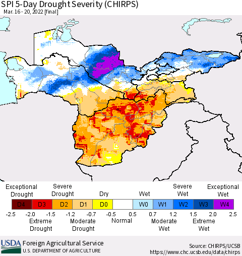 Central Asia SPI 5-Day Drought Severity (CHIRPS) Thematic Map For 3/16/2022 - 3/20/2022