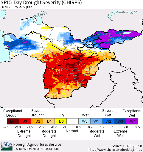 Central Asia SPI 5-Day Drought Severity (CHIRPS) Thematic Map For 3/21/2022 - 3/25/2022