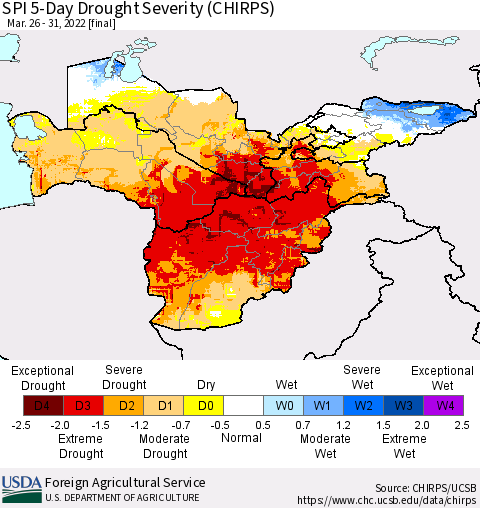 Central Asia SPI 5-Day Drought Severity (CHIRPS) Thematic Map For 3/26/2022 - 3/31/2022