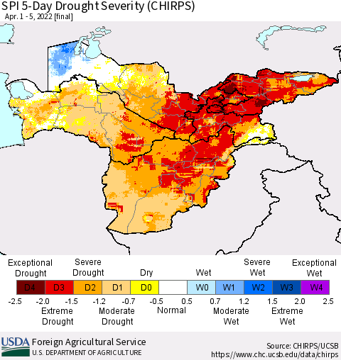 Central Asia SPI 5-Day Drought Severity (CHIRPS) Thematic Map For 4/1/2022 - 4/5/2022