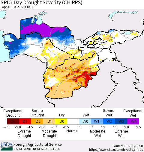 Central Asia SPI 5-Day Drought Severity (CHIRPS) Thematic Map For 4/6/2022 - 4/10/2022