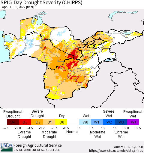 Central Asia SPI 5-Day Drought Severity (CHIRPS) Thematic Map For 4/11/2022 - 4/15/2022