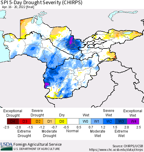 Central Asia SPI 5-Day Drought Severity (CHIRPS) Thematic Map For 4/16/2022 - 4/20/2022
