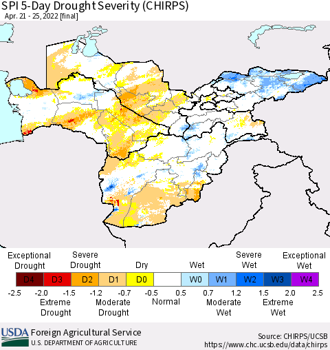 Central Asia SPI 5-Day Drought Severity (CHIRPS) Thematic Map For 4/21/2022 - 4/25/2022