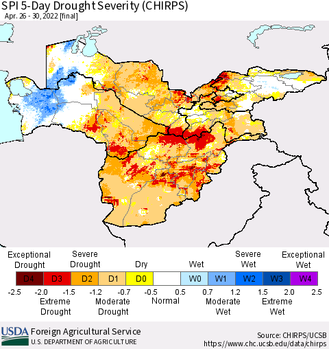 Central Asia SPI 5-Day Drought Severity (CHIRPS) Thematic Map For 4/26/2022 - 4/30/2022