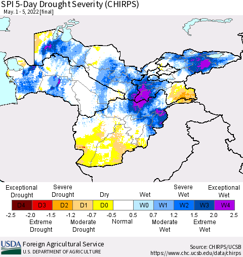 Central Asia SPI 5-Day Drought Severity (CHIRPS) Thematic Map For 5/1/2022 - 5/5/2022