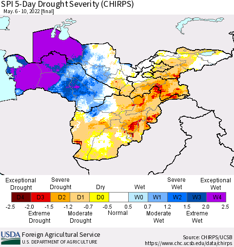 Central Asia SPI 5-Day Drought Severity (CHIRPS) Thematic Map For 5/6/2022 - 5/10/2022