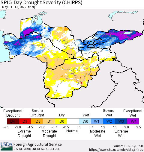 Central Asia SPI 5-Day Drought Severity (CHIRPS) Thematic Map For 5/11/2022 - 5/15/2022