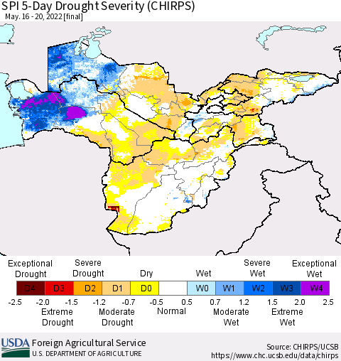 Central Asia SPI 5-Day Drought Severity (CHIRPS) Thematic Map For 5/16/2022 - 5/20/2022