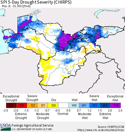Central Asia SPI 5-Day Drought Severity (CHIRPS) Thematic Map For 5/21/2022 - 5/25/2022