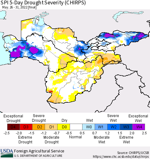 Central Asia SPI 5-Day Drought Severity (CHIRPS) Thematic Map For 5/26/2022 - 5/31/2022