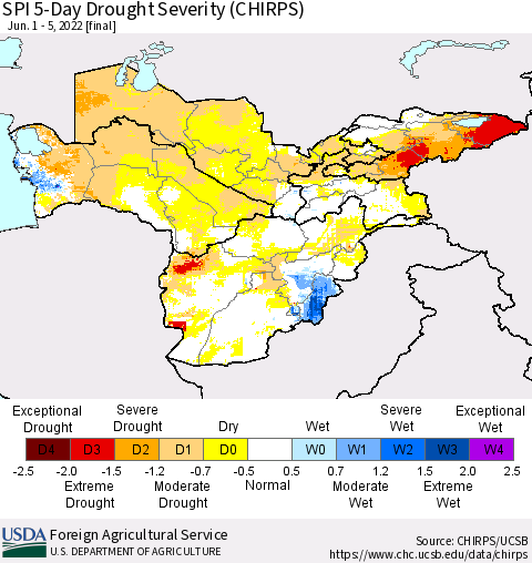 Central Asia SPI 5-Day Drought Severity (CHIRPS) Thematic Map For 6/1/2022 - 6/5/2022