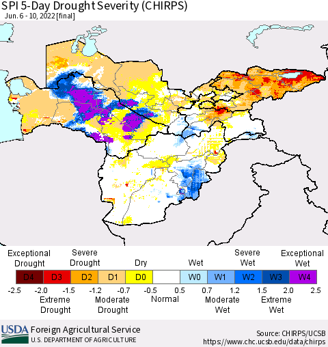 Central Asia SPI 5-Day Drought Severity (CHIRPS) Thematic Map For 6/6/2022 - 6/10/2022