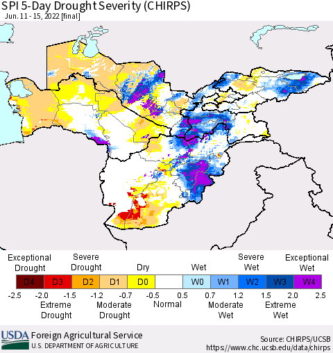 Central Asia SPI 5-Day Drought Severity (CHIRPS) Thematic Map For 6/11/2022 - 6/15/2022