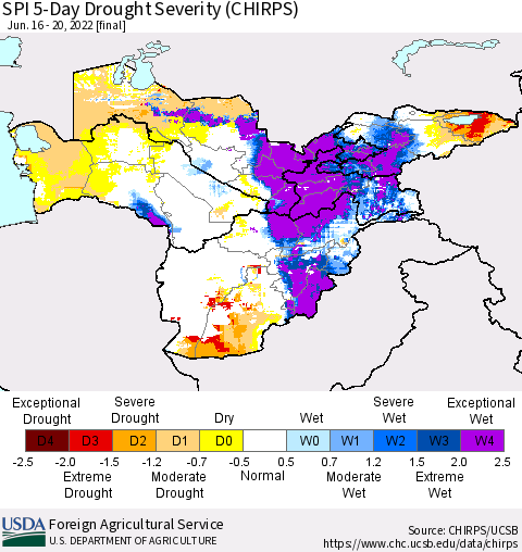 Central Asia SPI 5-Day Drought Severity (CHIRPS) Thematic Map For 6/16/2022 - 6/20/2022