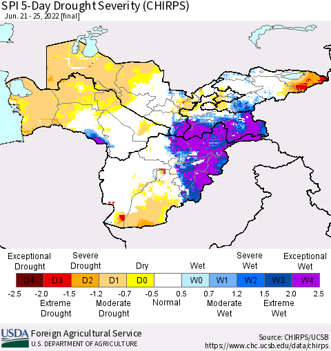Central Asia SPI 5-Day Drought Severity (CHIRPS) Thematic Map For 6/21/2022 - 6/25/2022