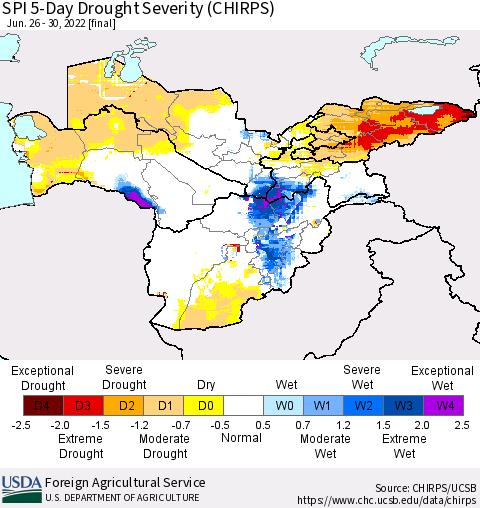 Central Asia SPI 5-Day Drought Severity (CHIRPS) Thematic Map For 6/26/2022 - 6/30/2022